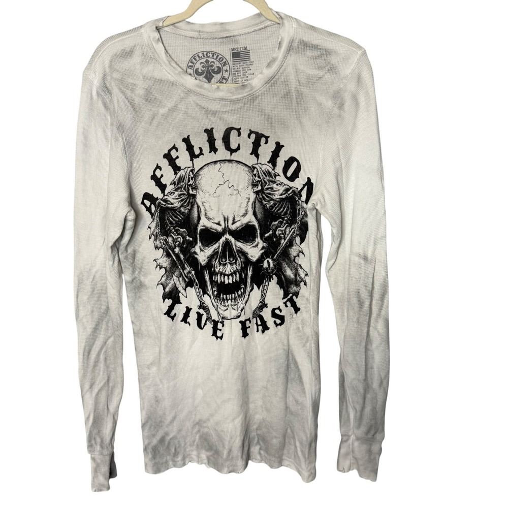 Affliction Live Fast Skull Thermal Shirt Mens Medium Gray Waffle Knit Y2K